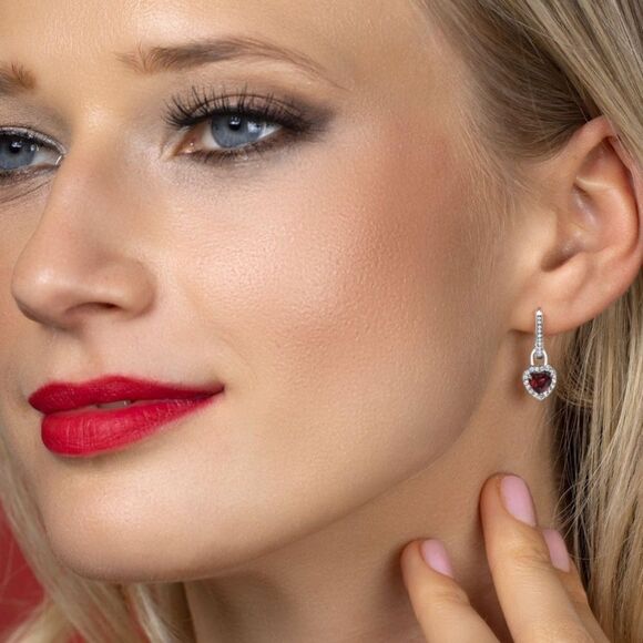 925 Sterling Silver with 2.30 Cttw Garnet and White Sapphire Heart Drop Earrings - Picture 3 of 4